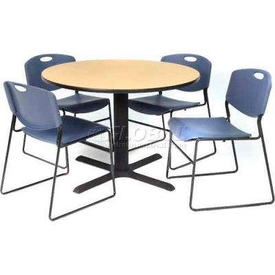 Regency Table and Chair Set - 42" Round - Beige Table / Blue Wide Plastic Chairs