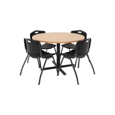 Regency Table and Chair Set - 42" Round - Beige Table / Black Plastic Chairs