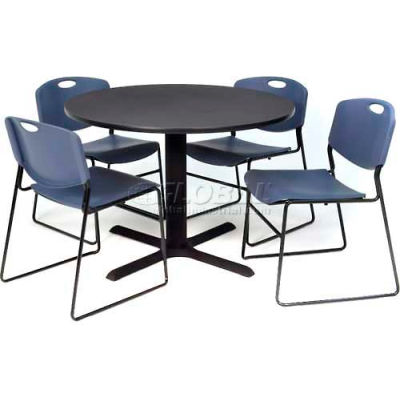 Regency Table and Chair Set - 42" Round - Gray Table / Blue Wide Plastic Chairs