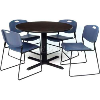 Regency Table and Chair Set - 42" Round - Mocha Walnut Table / Blue Wide Plastic Chairs