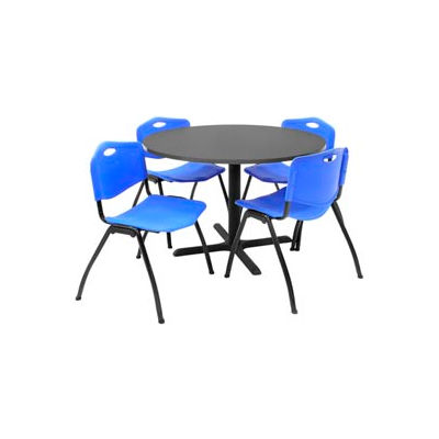 Regency Table and Chair Set - 42" Round - Mocha Walnut Table / Blue Plastic Chairs