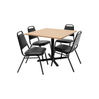 Regency Table and Chair Set - 36" Square - Beige Table / Black Vinyl Chairs