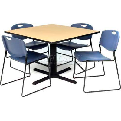 Regency Table and Chair Set - 36" Square - Beige Table / Blue Wide Plastic Chairs