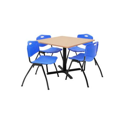 Regency Table and Chair Set - 36" Square - Beige Table / Blue Plastic Chairs