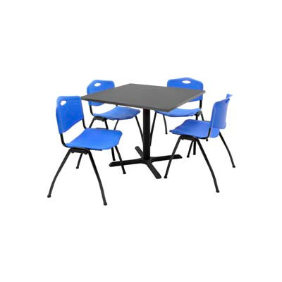 Regency Table and Chair Set - 36" Square - Gray Table / Blue Plastic Chairs