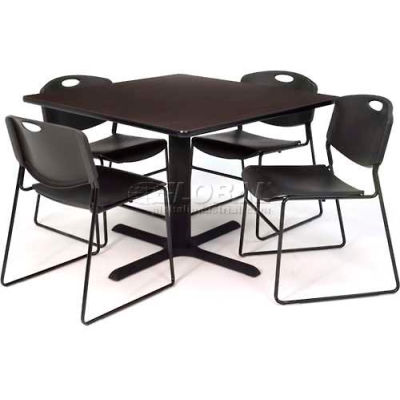 Regency Table and Chair Set - 36" Square - Mocha Walnut Table / Black Wide Plastic Chairs