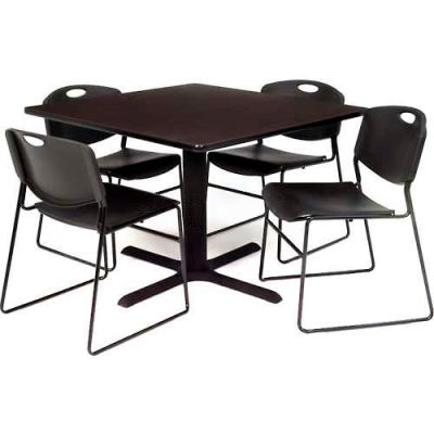 Regency Table and Chair Set - 42" Square - Gray Table / Black Plastic Chairs