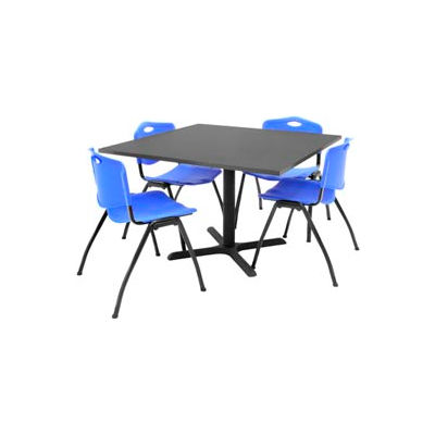 Regency Table and Chair Set - 42" Square - Mocha Walnut Table / Blue Plastic Chairs