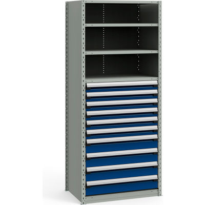 Steel Shelving 36"Wx24"Dx87"H Closed 5 Shelf 10 Drawer Gray With Blue Drawers