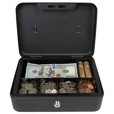 Royal Sovereign Full-Size Cash Box RSCB-200, 6-Compartment, Tray, 9-13/16"Wx7-3/8"D x 3-7/8"H Black