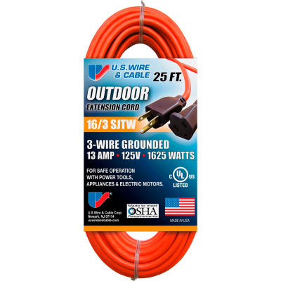 U.S. Wire 60025 25 Ft. Three Conductor Orange Extension Cord, 16/3 Ga. SJTW-A, 300V, 13A
