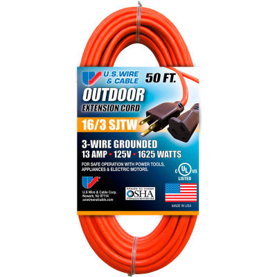 U.S. Wire 60050 50 Ft. Three Conductor Orange Extension Cord, 16/3 Ga. SJTW-A, 300V, 13A
