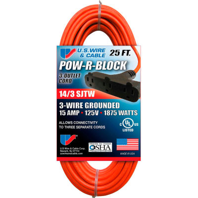U.S. Wire 62025 25 Ft. Three Conductor Orange Cord W/Pow-R Block, 14/3 Ga. SJWT-A, 300V, 15A