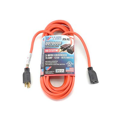 U.S. Wire 63025 25 Ft. Three Conductor Orange Extension Cord, 14/3 Ga. SJWT-A, 300V, 15A
