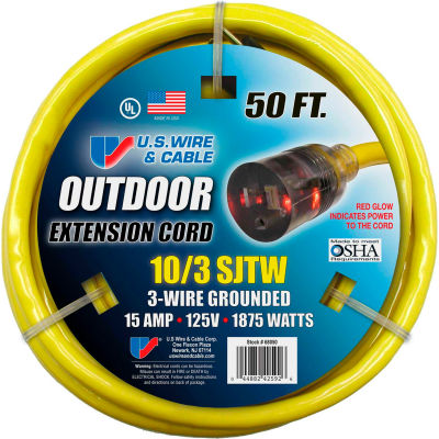 U.S. Wire 68050 50 Ft. Single-Tap w/ Lit End Temp-Flex Extension Cord, 10/3 Ga., 300V, 15A, Yellow