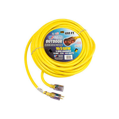 U.S. Wire 68100 100 Ft. Single Tap Extension Cord w/ Lighted Ends, 10/3 Ga. SJWT-A, 300V, Yellow
