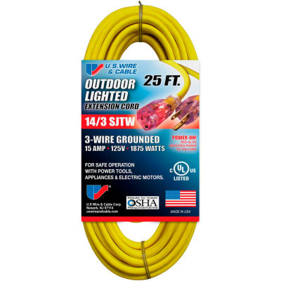 U.S. Wire 73025 25 Ft. Three Conductor Yellow Temp-Flex Lighted Plug Cord, 14/3 Ga., 300V 15A