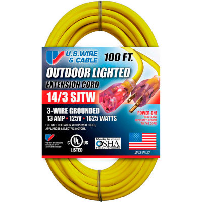 U.S. Wire 73100 100 Ft. Three Conductor Yellow Temp-Flex Lighted Plug Cord, 14/3 Ga., 300V, 13A