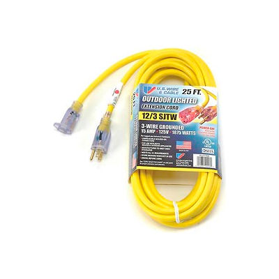 U.S. Wire 74025 25 Ft. Power-On Illuminated Plug Temp-Flex-35 Cord, Yellow, 300V, SJTW-A 12/3