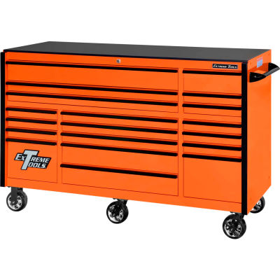 Extreme Tools RX723019RCORBK-250 Professional 72" 19 Drawer Orange Trip Bank Roller Cab. Black Pull