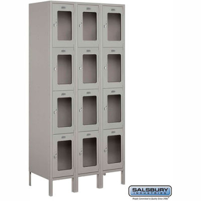 Four Tier 12 Door See-Through Metal Locker, 12"Wx18"Dx18"H, Gray, Assembled