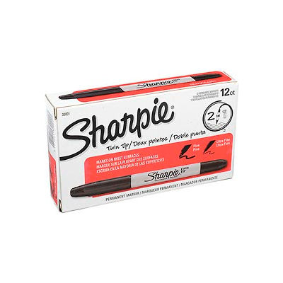 Sharpie® Twin-Tip Permanent Marker, Fine/Ultra Point, Black Ink - Pkg Qty 12