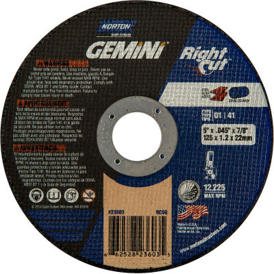 Norton 66252842170 Gemini Right Angle Cut-Off Wheel 5" x .045" x 7/8" 36 Grit Aluminum Oxide Type 1 - Pkg Qty 25
