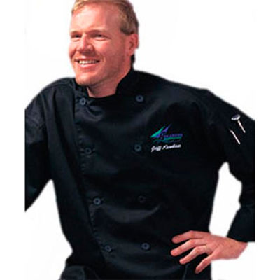 Chef Revival J030BK Chef-Tex Poly Cotton Traditional Long Sleeve Chef Jacket with Chef Logo Button Black San Jamar J030BK-5X 5X-Large Chef Revival J030BK Chef-Tex Poly Cotton Traditional Long Sleeve Chef Jacket with Chef Logo Button Black San Jamar J030BK-5X 5X-Large