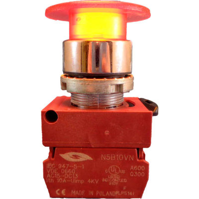 N5CEM4RL, 22mm Mushroom Head Pushbutton, chrome, momentary, 40mm head, red, illuminated.