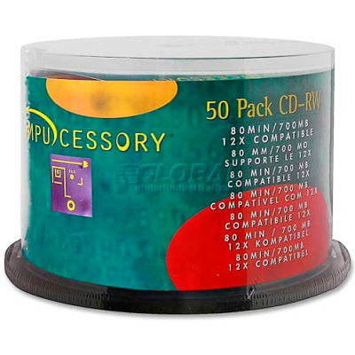 Compucessory CD-RW Discs, 72102, 12X, 700MB/80Min, Branded, Spindle, 50/Pk, Silver