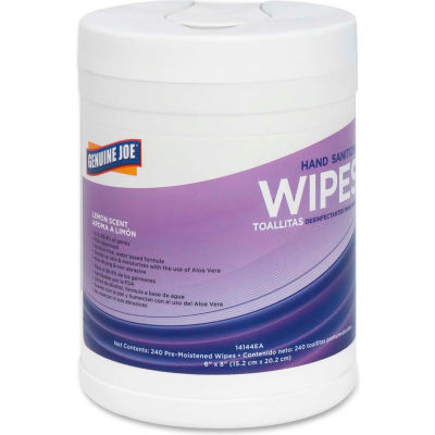 Genuine Joe Hand Sanitizing Wipes Lemon 6" x 8", 240 Wipes/Tub, 1 Tub/Case - GJO14144EA