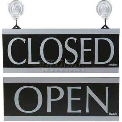 U.S. Stamp & Sign Open/Closed Sign, 4246, W/Suction Cups, 5" X 13", Black/Silver