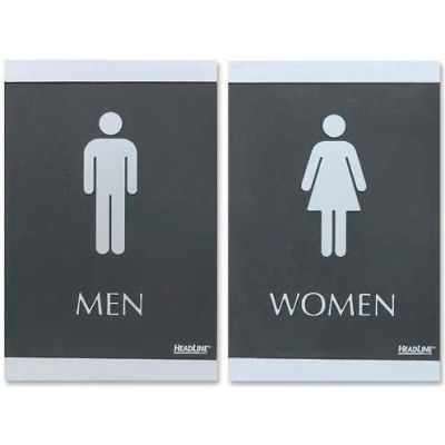 U.S. Stamp & Sign ADA Sign, 4248, MEN, WOMEN, Adhesive, 6"W X 9"H, Black/Silver