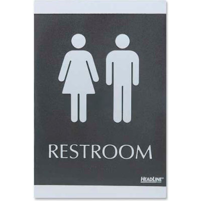 U.S. Stamp & Sign ADA Sign, 4249, RESTROOM, Adhesive, 6"W X 9"H, Black/Silver