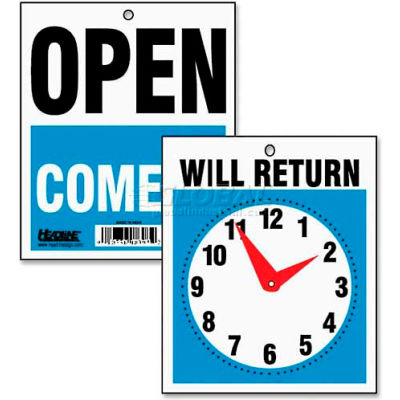 U.S. Stamp & Sign Sign, 9382, "Will Return" W/Clock Face, "Open Come In", 7-1/2" X 9"
