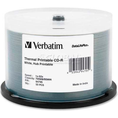 Verbatim® CD-R Discs, 94795, 52X, 700MB/80Min, Thermal Printable, Spindle, 50/Pk, White