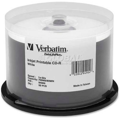 Verbatim® CD-R Discs, 94904, 52X, 700MB/80Min, Inkjet Printable, Spindle, 50/Pk, White