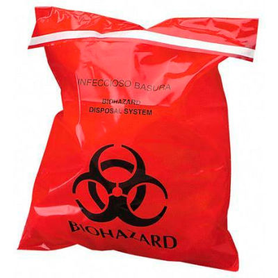 Red Stick-On Biohazard Waste Bags, 2 mil, 12"W x 14"L, 100/Box