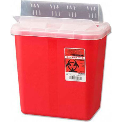 Covidien 2-Gallon Biohazard Sharps Container with Horizontal-Drop Opening Lid, Red