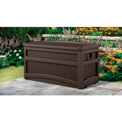 Suncast DBW7500 Outdoor Deck Box with Seat and Rollers 73 Gallon 46"L x 23-5/8"W x 25-1/2"H Mocha