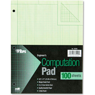 5 x 5 Graph Rule on Back Engineering Computation Pad Green Tint Paper 8-1/2 x 11 3-Hole Punched 100 Sheets Glue Top 