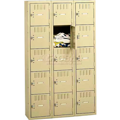 Tennsco Five Tier 15 Door Box Locker, 12"Wx15"Dx12"H, Light Gray, Assembled