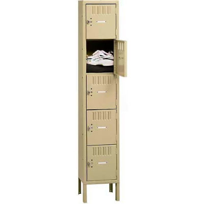 Tennsco Five Tier 5 Door Box Locker With Legs, 12"Wx18"Dx12"H, Medium Gray, Assembled