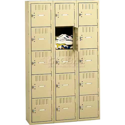 Tennsco Five Tier 15 Door Box Locker, 12"Wx18"Dx12"H, Light Gray, Assembled