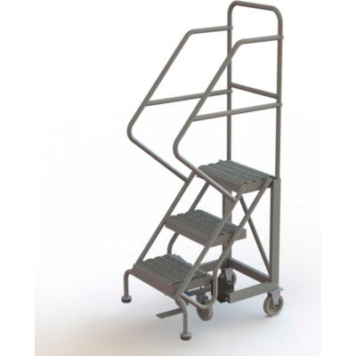3 Step 16"W Steel Safety Angle Rolling Ladder, Grip Strut, Gray - KDEC103162