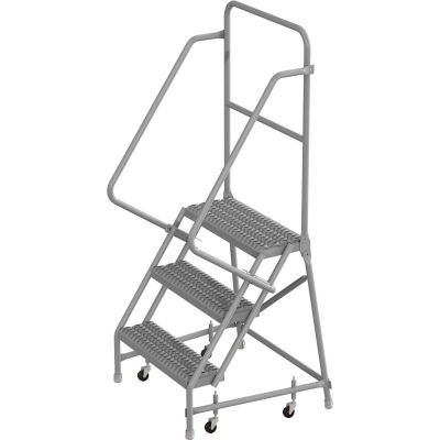 3 Step 24"W 10"D Top Step Steel Rolling Ladder, Grip Strut Tread, 36" Handrail - KDSR103242