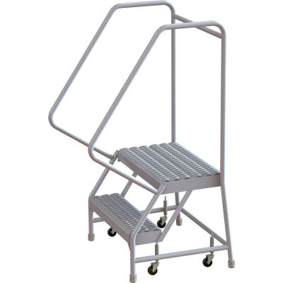 2 Step Aluminum Rolling Ladder, 24"W Grip Strut, 14"D Top Step, 32" Handrails - WLAR102245