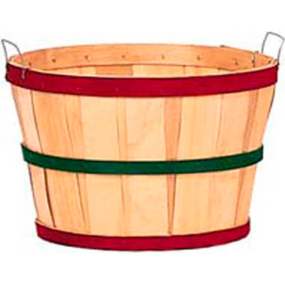 1 Bushel Wood Basket with Two Metal Handles, Red/Green/Red Bands 12 Pc - Natural - Pkg Qty 12