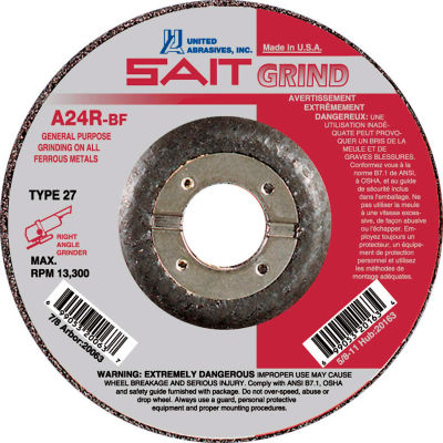 United Abrasives - Sait 20080 Depressed Center Wheel T27 A24R 7"x 1/4" x 7/8" 24 Grit Aluminum Oxide - Pkg Qty 25