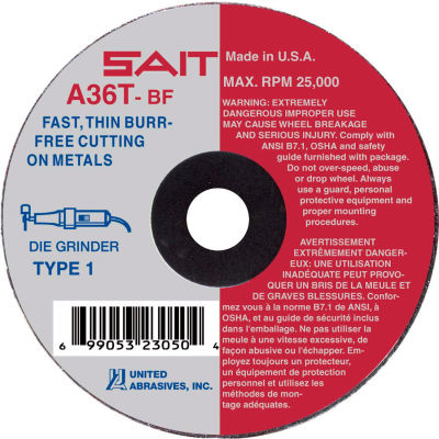 United Abrasives - Sait 23042 Cut Off Wheel Type 1 A36T 3" x 1/16" x 1/4" 36 Grit Aluminum Oxide - Pkg Qty 50